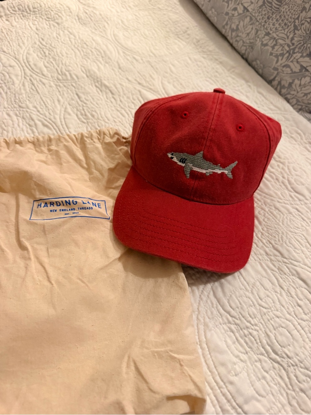 NWT Harding Lane Red Cotton Baseball Cap with Shark Embroidery